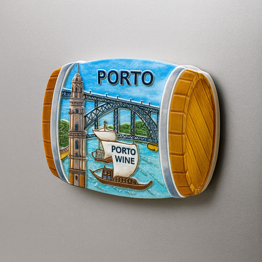 Decorative magnet of a wine barrel with Porto-themed design on a gray background