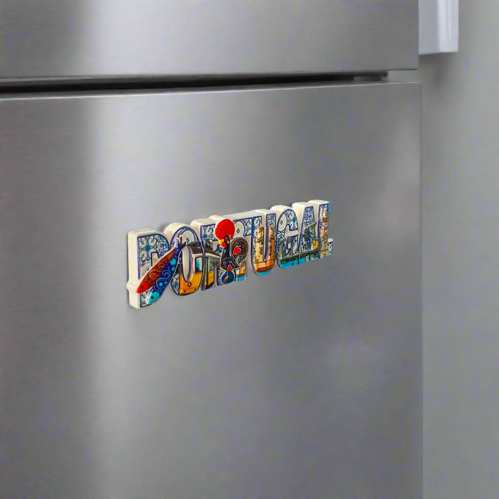 Colorful 'Portugal' magnet on a silver refrigerator