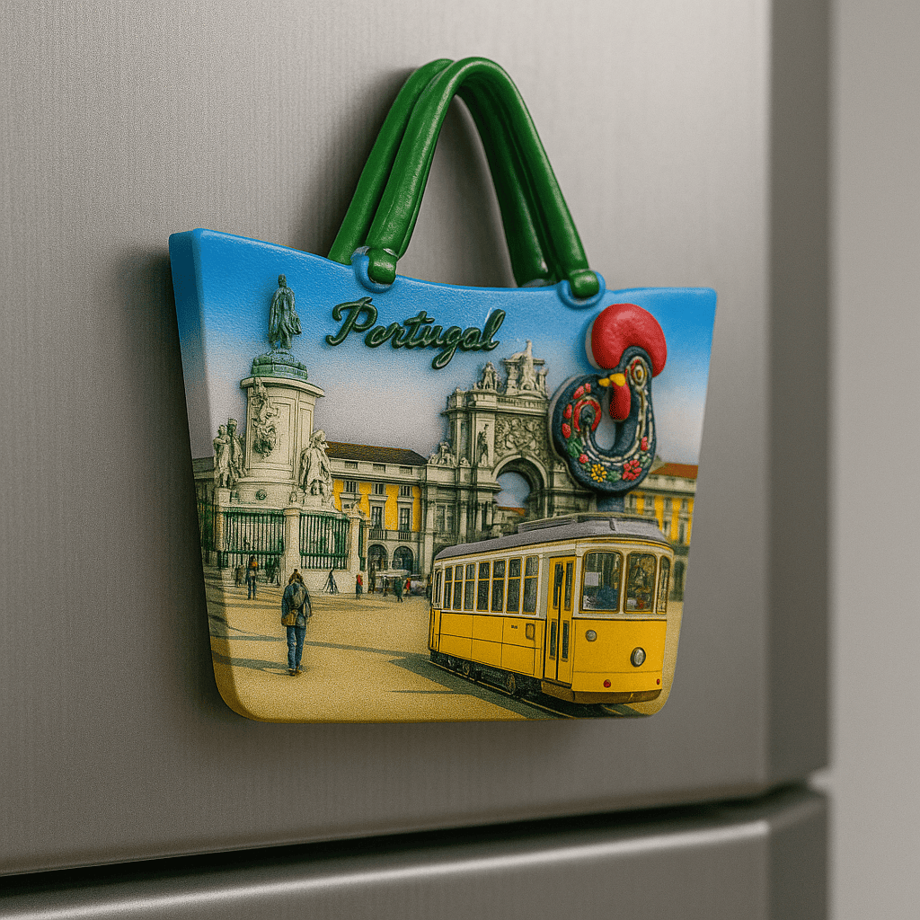 Fridge magnet with a design of a tram and architectural elements, labeled 'Portugal', on a metallic surface.