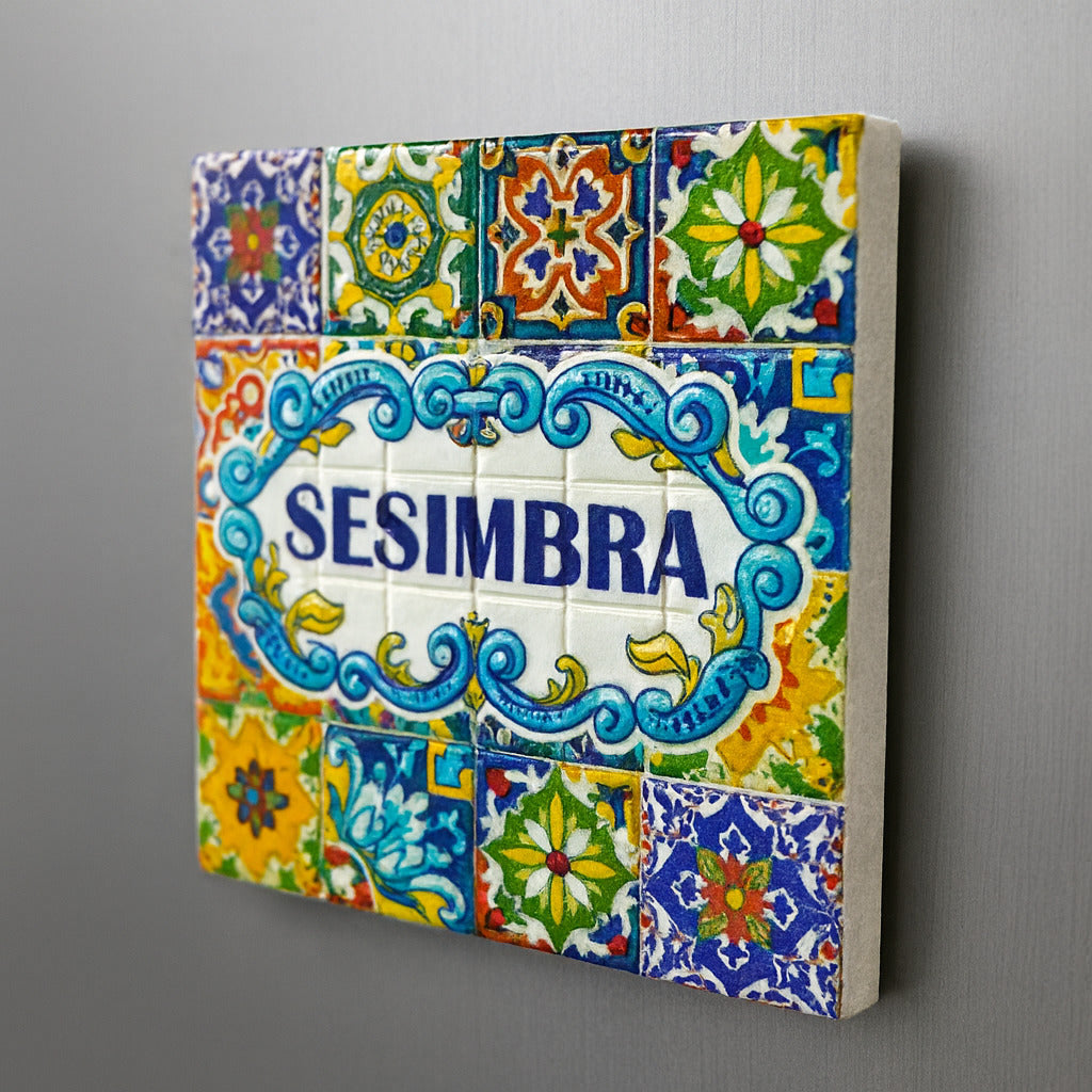 Decorative wall art with colorful tiles and 'SESIMBRA' text on a gray background