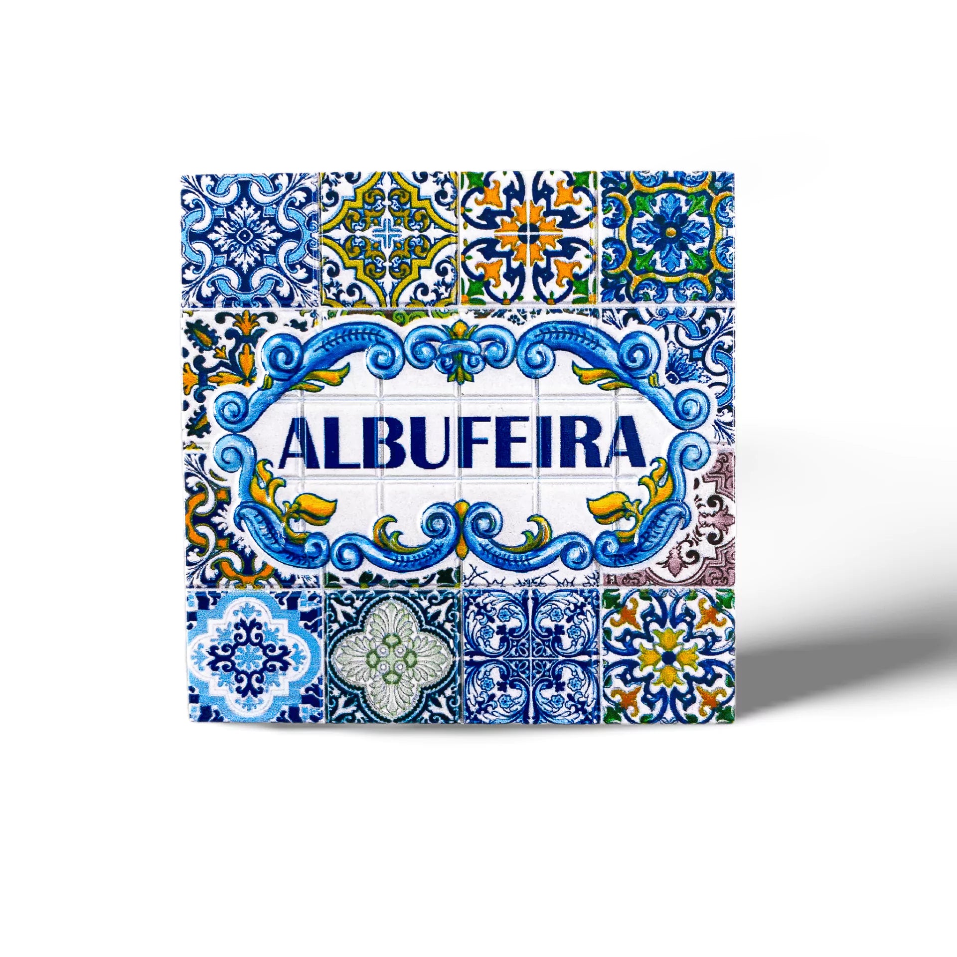 A colorful wooden Barcelos rooster ornament with a red comb and intricate mosaic designs featuring traditional Portuguese motifs. The rooster has a red string loop for hanging and the word "Portugal" is written near its base, making it the perfect souvenir.