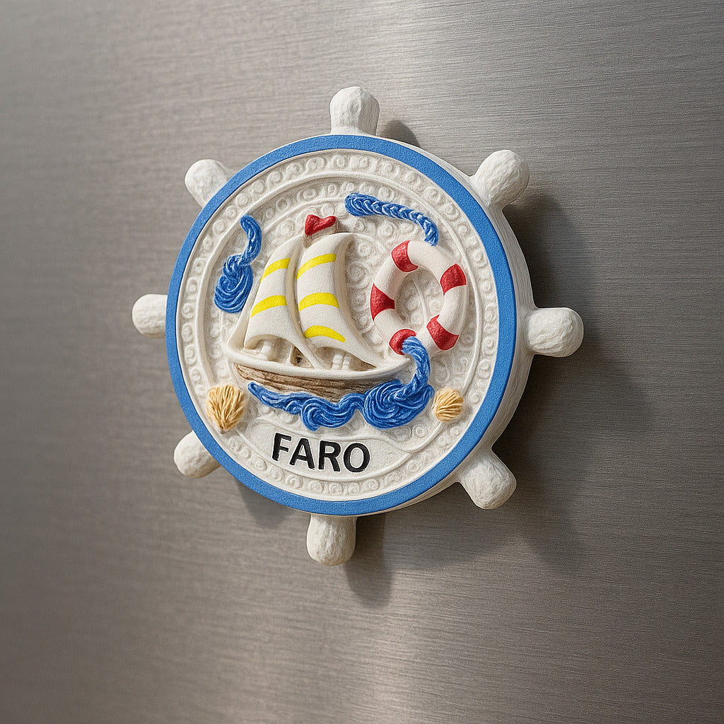 Decorative ship's wheel with nautical elements and 'FARO' text on a metallic surface