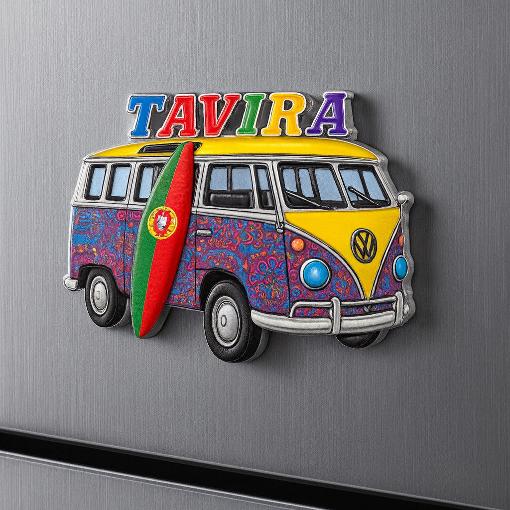 Colorful van with surfboard and 'TAVIRA' text on a metallic surface