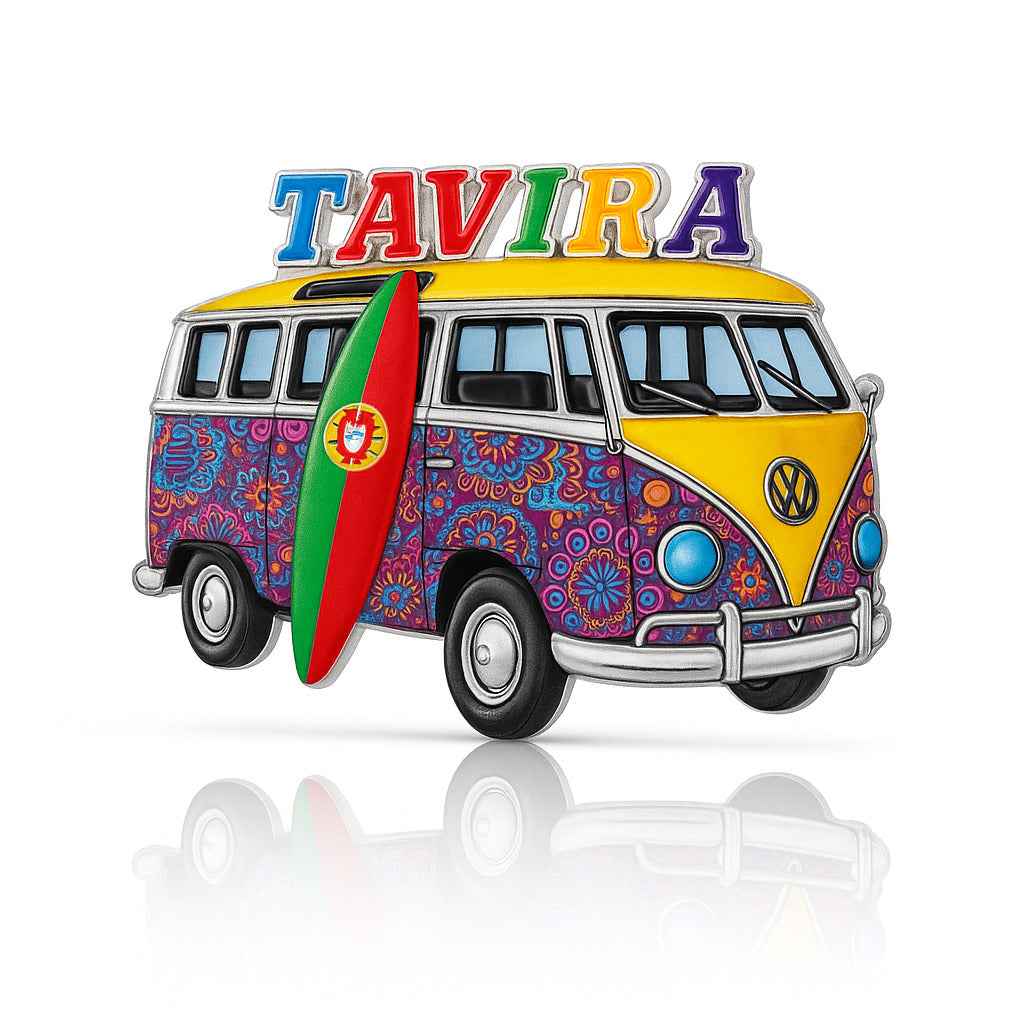 Magnet shaped like a vintage surf van with colorful floral patterns, featuring the word “Tavira” on the roof and a surfboard with the Portuguese flag on the side