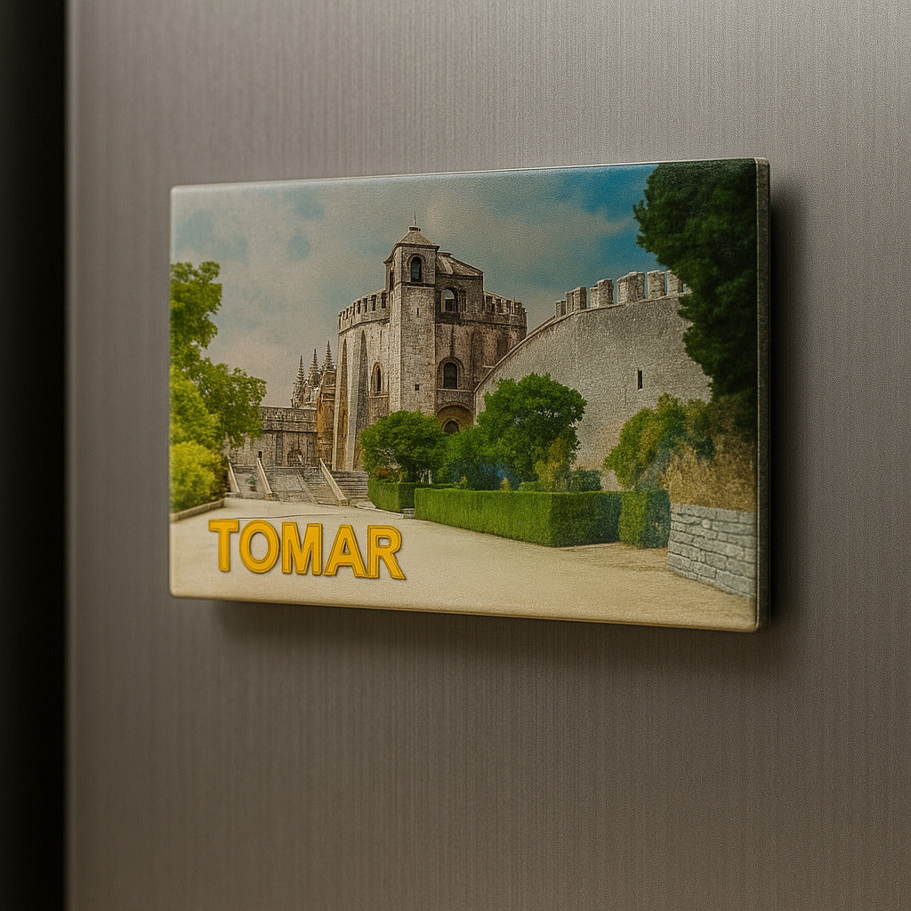 Canvas print of a castle with 'TOMAR' text on a metallic surface