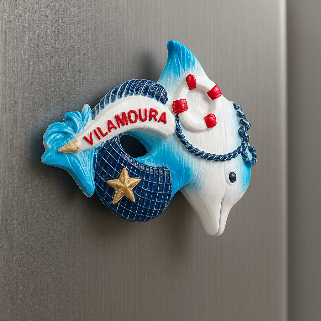Decorative dolphin-shaped object with 'Vilamoura' branding on a metallic surface