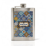 Stainless steel flask with Portuguese tile design and 'Portugal' text on a white background