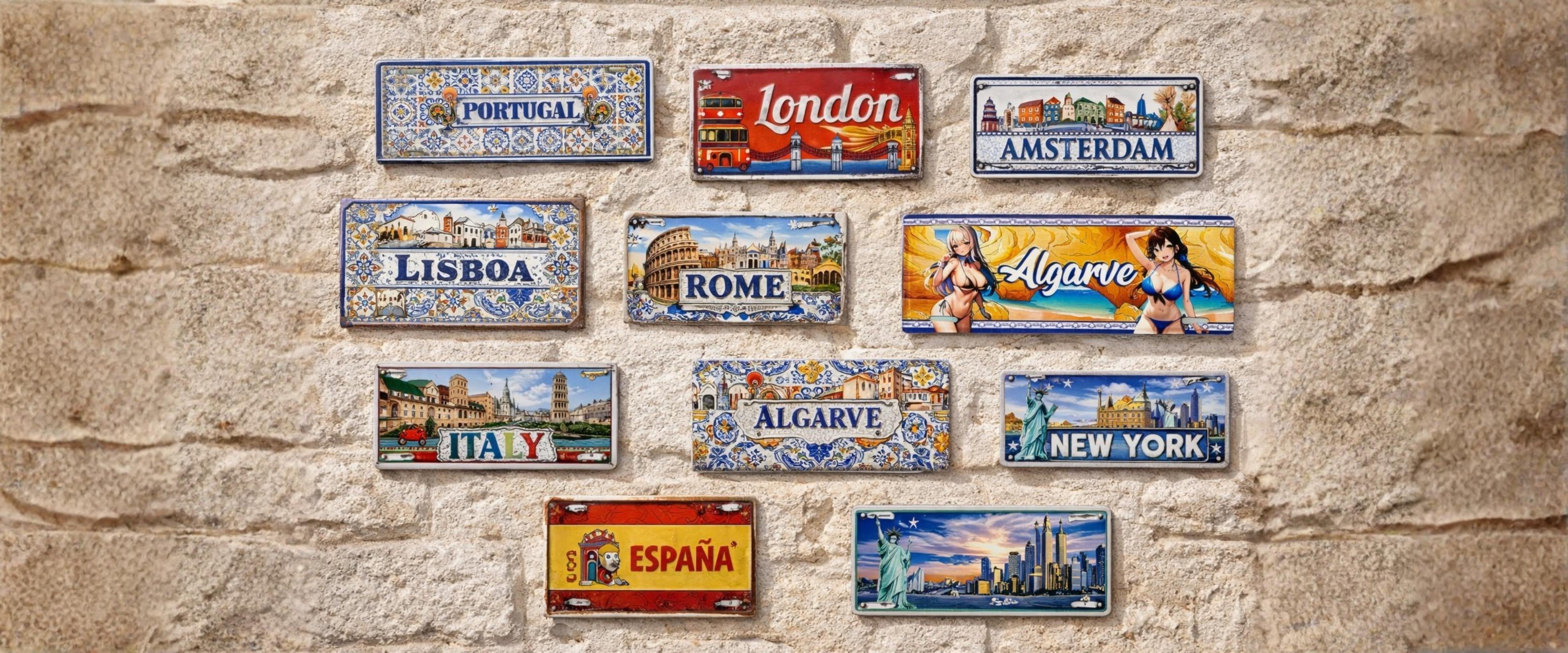 metal sign souvenirs on a wall