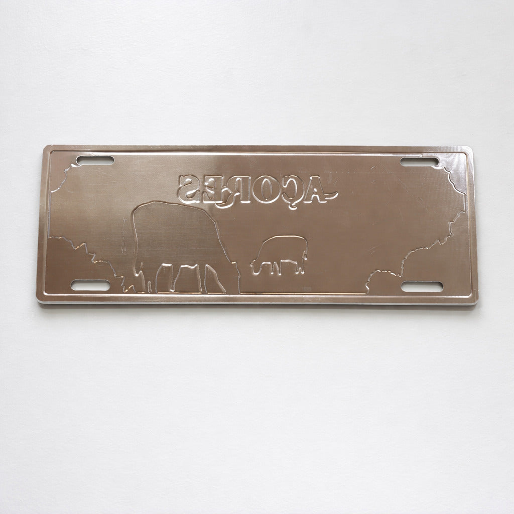 Backside of Açores metal souvenir sign showing engraved island shapes and embossed design on a metallic surface
