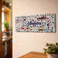 Albufeira metal souvenir sign mounted on a wall featuring colorful floral patterns, decorative sardines and a traditional tram