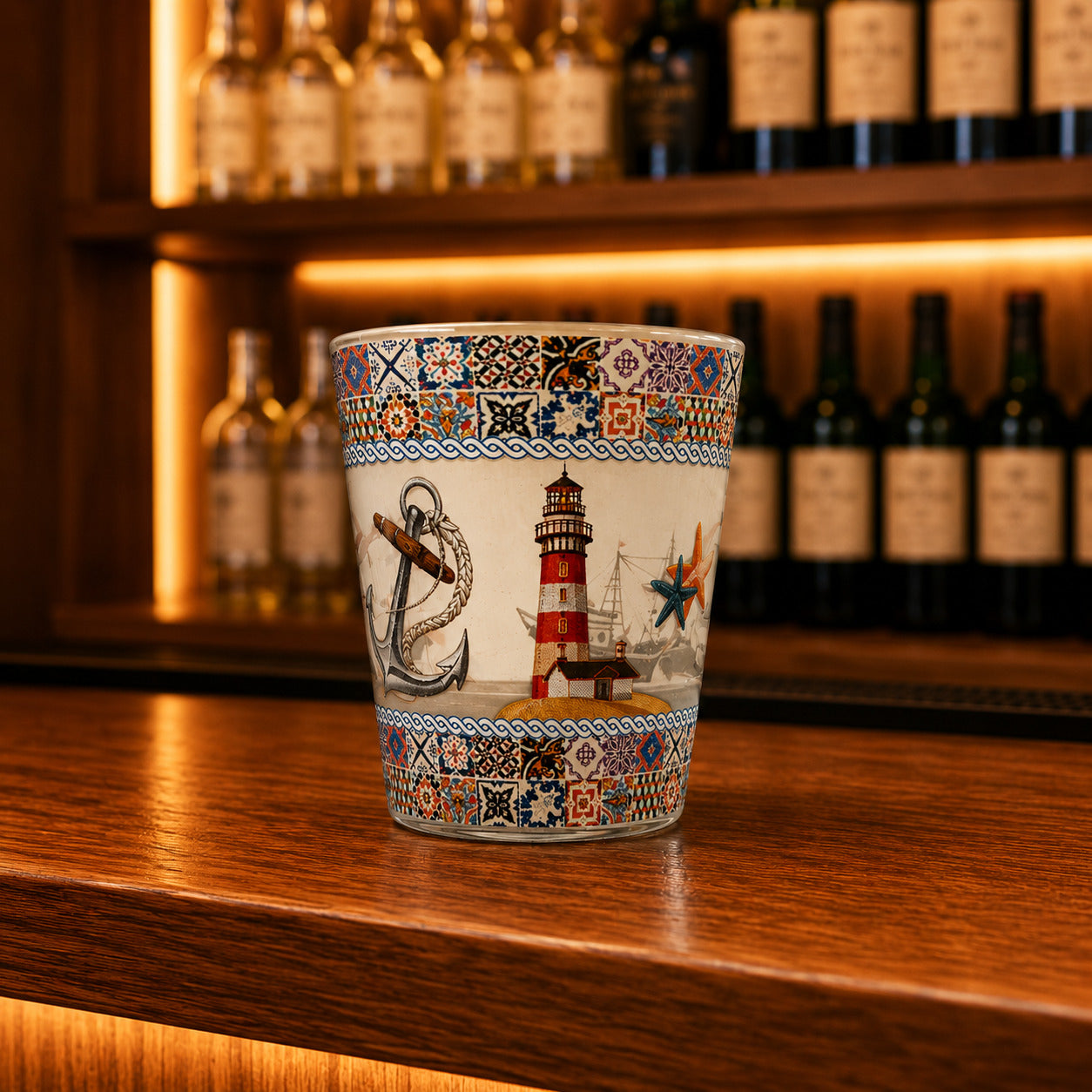 Albufeira Algarve souvenir shot glass featuring lighthouse artwork, nautical anchor illustration, starfish details, and colorful Portuguese azulejo borders
