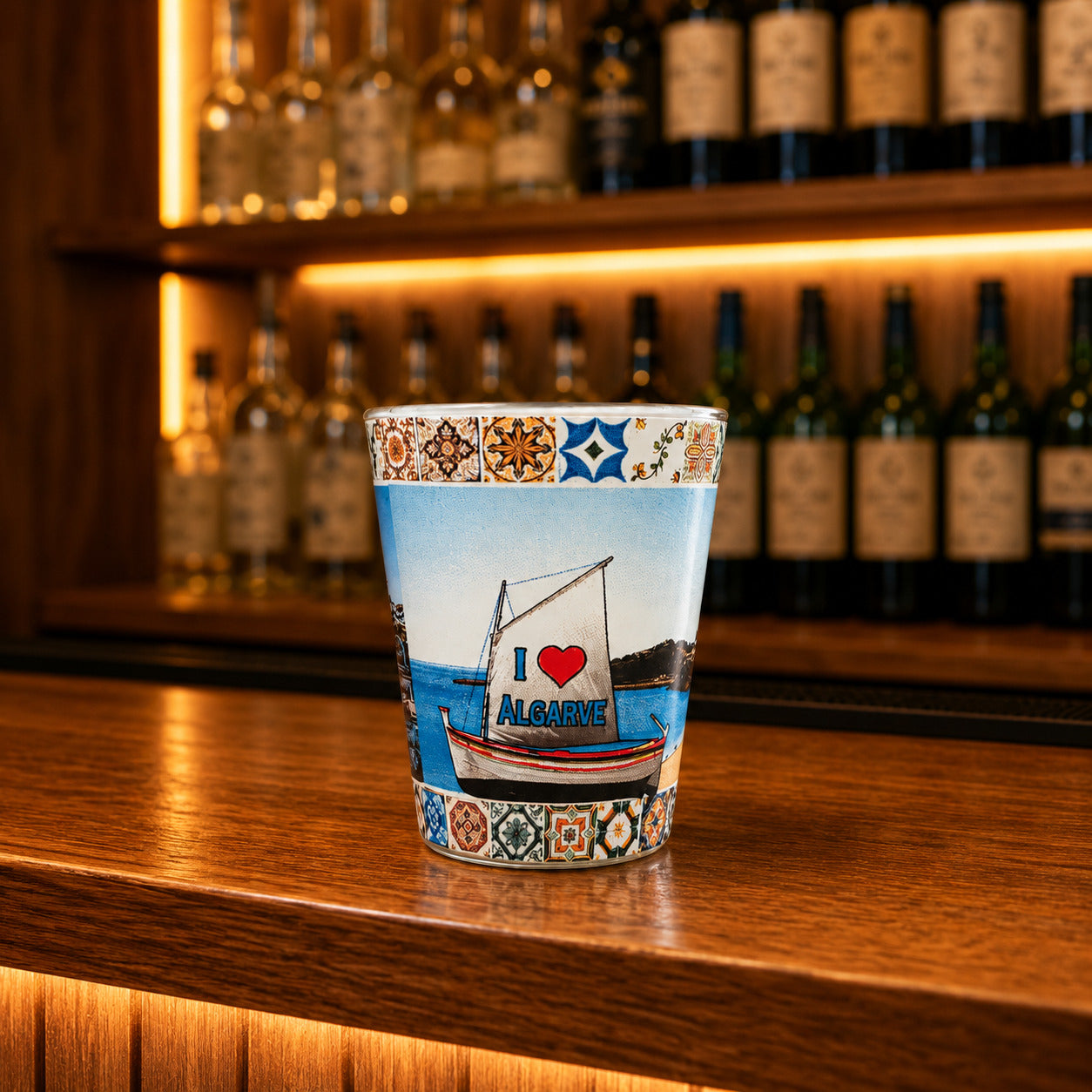 Decorative Algarve shot glass featuring panoramic beach views, colorful Portuguese tile borders, and coastal Portugal illustrations