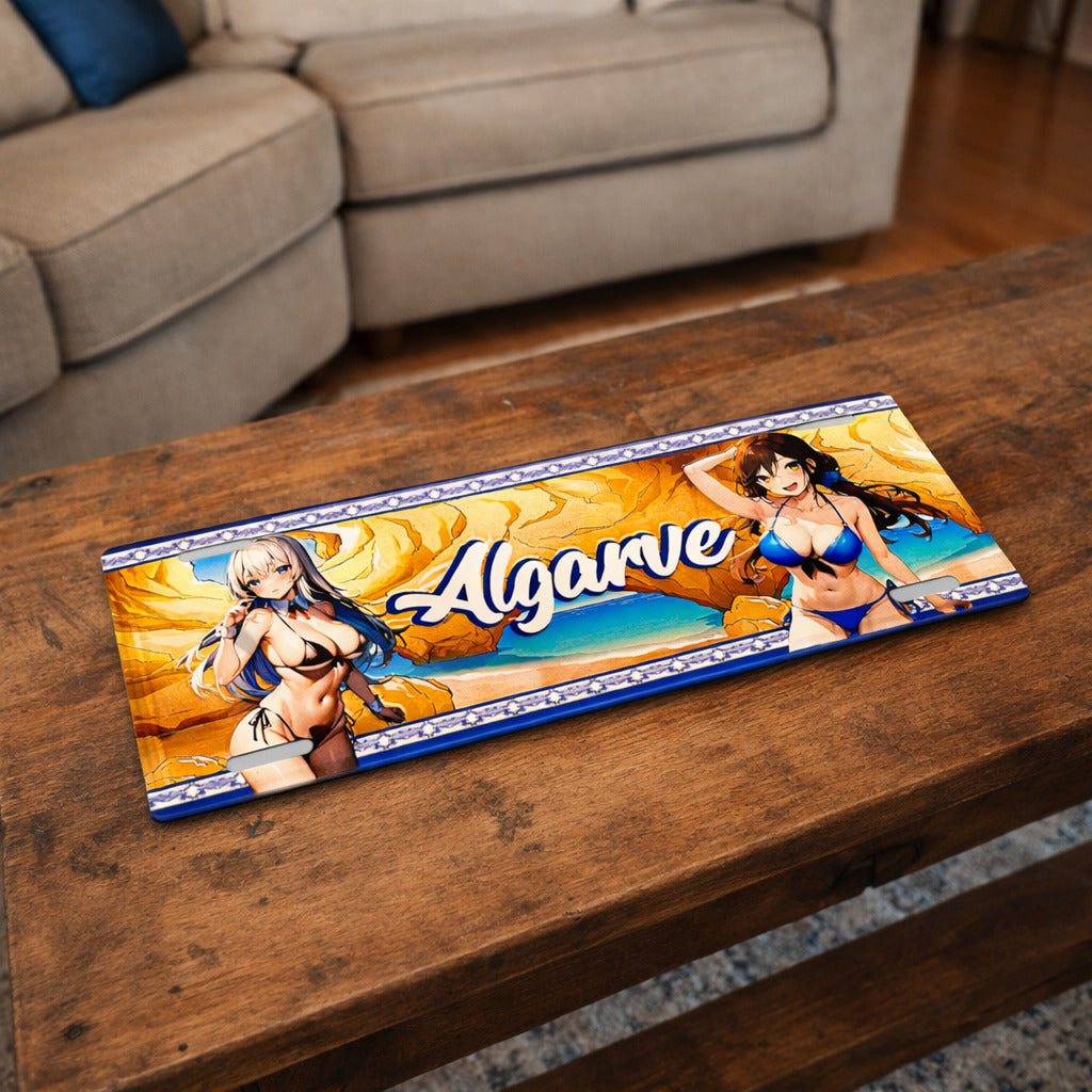Algarve metal souvenir sign placed on a wooden table featuring coastal cliffs, beach scenery and illustrated characters