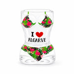 Transparent Algarve souvenir shot glass featuring pink flamingo artwork, tropical leaves, bikini-inspired design, and I Love Algarve text on white background.