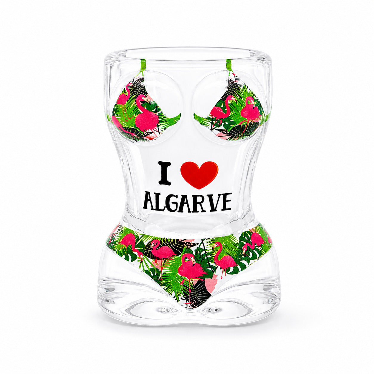 Transparent Algarve souvenir shot glass featuring pink flamingo artwork, tropical leaves, bikini-inspired design, and I Love Algarve text on white background.