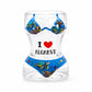Transparent Algarve souvenir shot glass with sea turtle illustrations, ocean-themed bikini artwork, and I Love Algarve text on white background.
