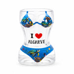 Transparent Algarve souvenir shot glass with sea turtle illustrations, ocean-themed bikini artwork, and I Love Algarve text on white background.