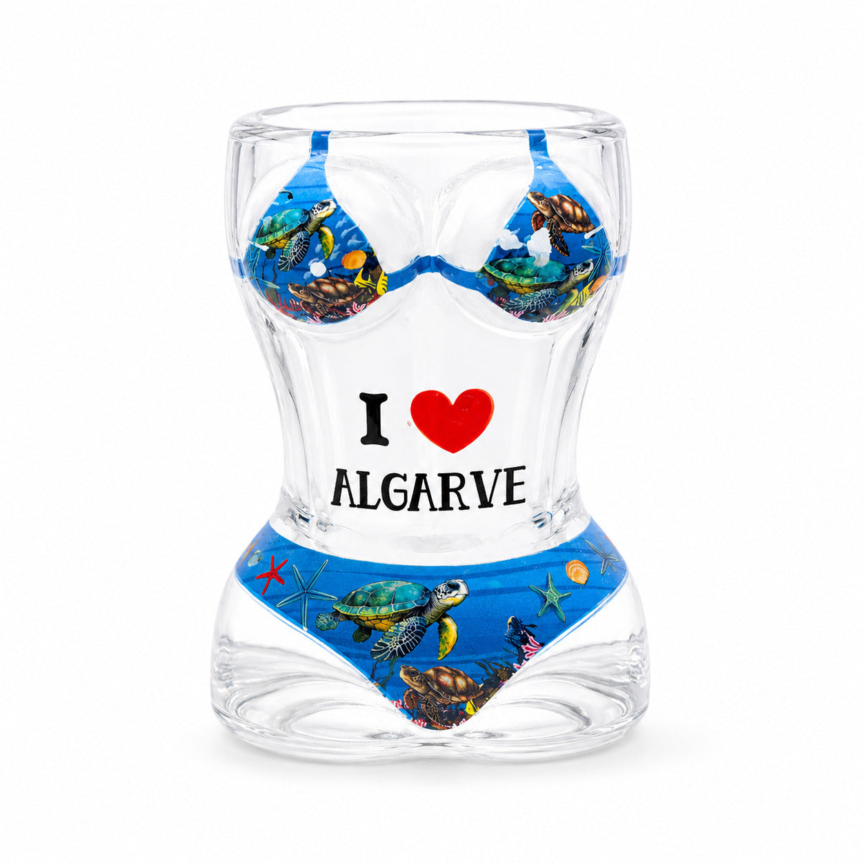 Transparent Algarve souvenir shot glass with sea turtle illustrations, ocean-themed bikini artwork, and I Love Algarve text on white background.