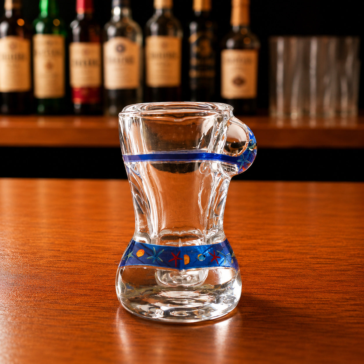 Side profile of Algarve sea turtle ocean bikini style shot glass with blue marine artwork, starfish details, and transparent glass body on wooden bar counter.