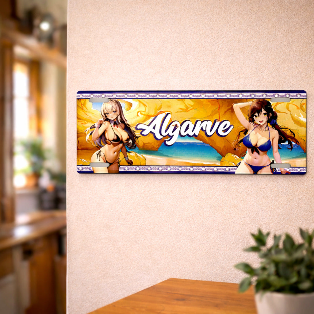 Algarve metal souvenir sign mounted on a wall featuring coastal cliffs, beach scenery and stylized illustrated characters