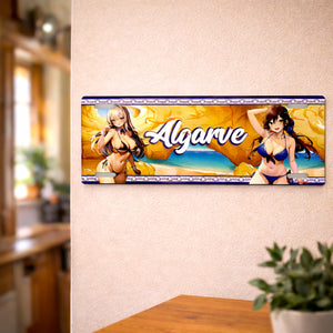 Algarve metal souvenir sign mounted on a wall featuring coastal cliffs, beach scenery and stylized illustrated characters