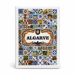 Front view of Algarve souvenir playing cards box with Portuguese tile patterns, Algarve title, and cultural imagery inspired by Portugal.
