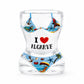 Transparent Algarve souvenir shot glass with tropical beach artwork, sea-themed illustrations, bikini-inspired design, and I Love Algarve text on white background.