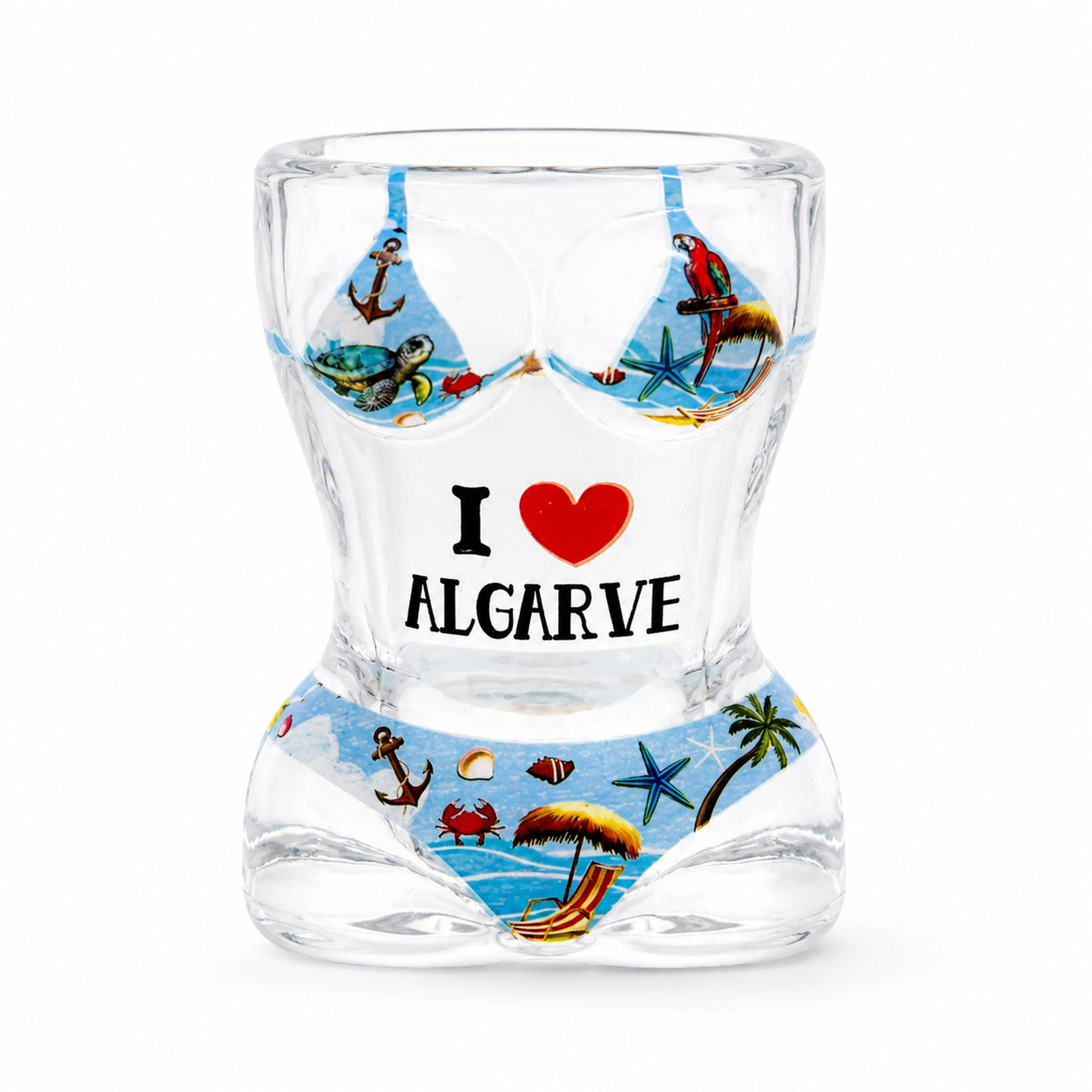 Transparent Algarve souvenir shot glass with tropical beach artwork, sea-themed illustrations, bikini-inspired design, and I Love Algarve text on white background.