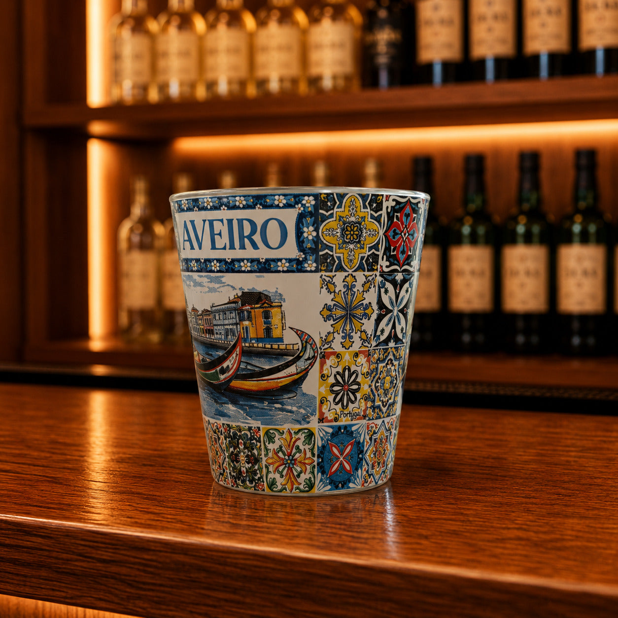 Aveiro souvenir shot glass featuring traditional moliceiro boat illustrations and colorful Portuguese azulejo tile artwork displayed on a wooden counter