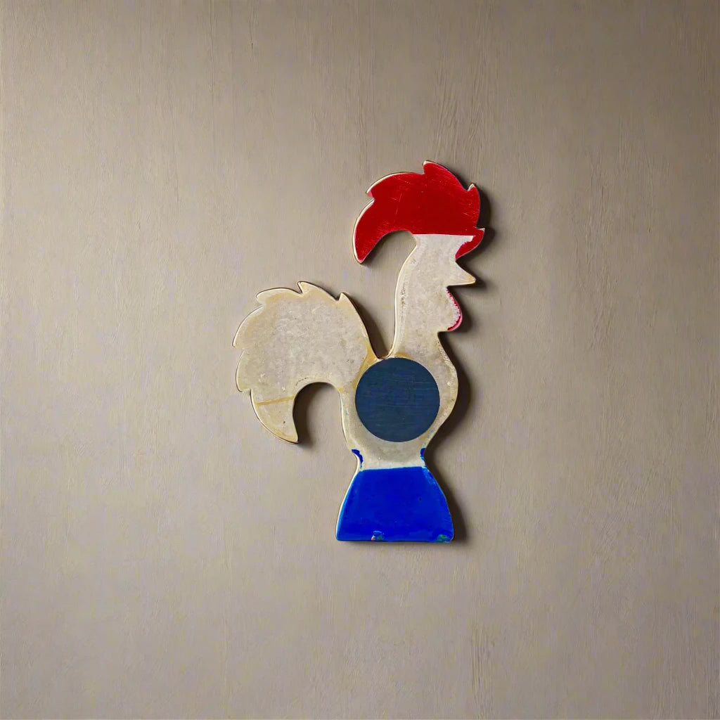 A lively Barcelos Rooster figurine featuring a black body decorated with red hearts and tiny white dots. It has a red comb, red wattle, and stands on a blue base labeled "Portugal," highlighted by delicate floral patterns, making it a charming souvenir.