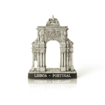 A small resin replica of the Rua Augusta Arch, a famous landmark in Lisbon, Portugal, featuring intricate neoclassical details and a plaque on the base with the monument's name.