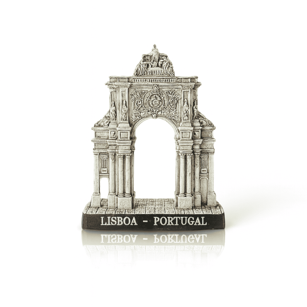 A small resin replica of the Rua Augusta Arch, a famous landmark in Lisbon, Portugal, featuring intricate neoclassical details and a plaque on the base with the monument's name.