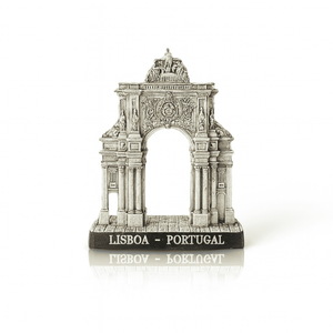 A small resin replica of the Rua Augusta Arch, a famous landmark in Lisbon, Portugal, featuring intricate neoclassical details and a plaque on the base with the monument's name.