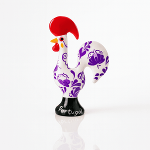 Galo de Barcelos Médio - Cerâmica Pintada à Mão em Branco com Detalhes Roxos, Ícone Português

