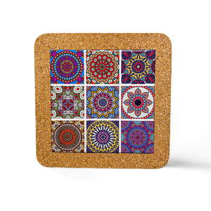A square cork coaster featuring nine colorful mandala designs arranged in a 3x3 grid. The intricate mandalas vary in colors and patterns, creating a vibrant and artistic display against the natural cork base, making it an ideal souvenir.