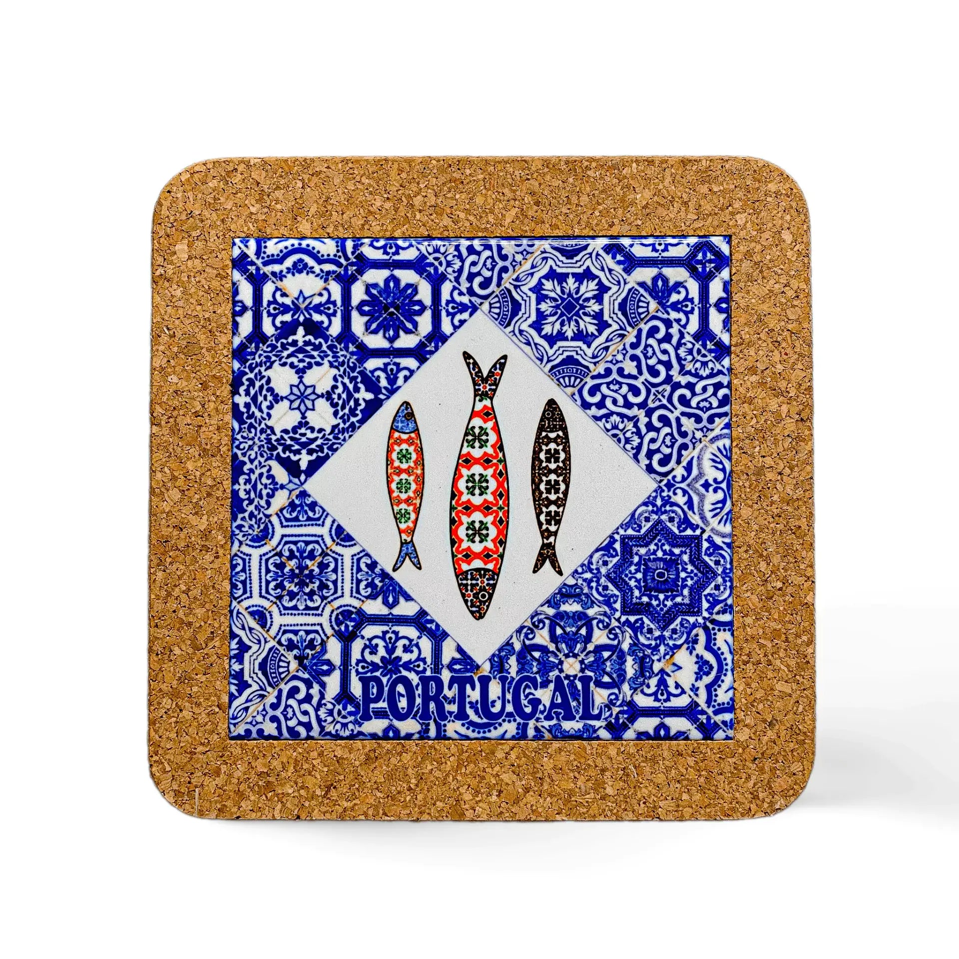 A square cork coaster with a vibrant design, perfect as a souvenir from Portugal. The coaster features a central diamond-shaped section with three decorated fish and the word "Portugal" beneath them. Surrounding the diamond is a blue patterned background resembling traditional Portuguese tiles.