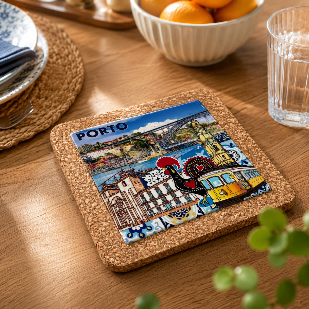Angled view of Porto cork base featuring ceramic azulejo artwork with Porto landmarks, traditional tram, Barcelos rooster and Portuguese tile patterns.