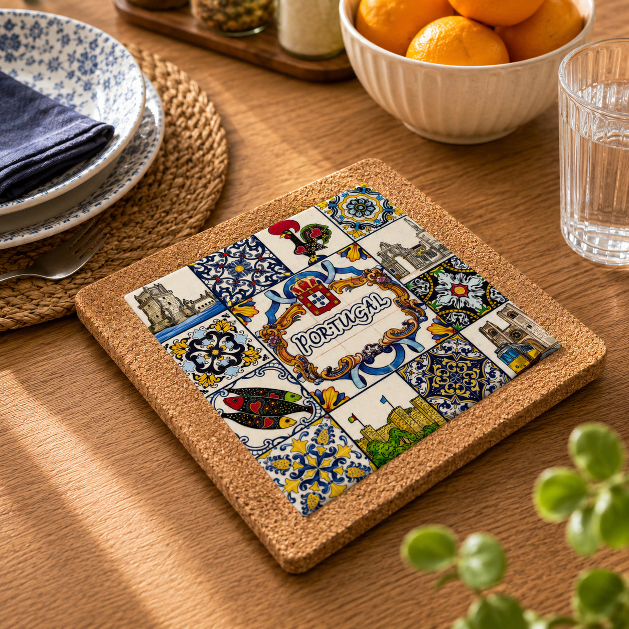 Angled view of Portugal cork base featuring ceramic azulejo artwork with Portuguese monuments, sardines, rooster, tram and traditional decorative patterns.