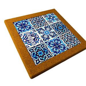 Portugal Cork Trivet with Blue Azulejo Tile Pattern