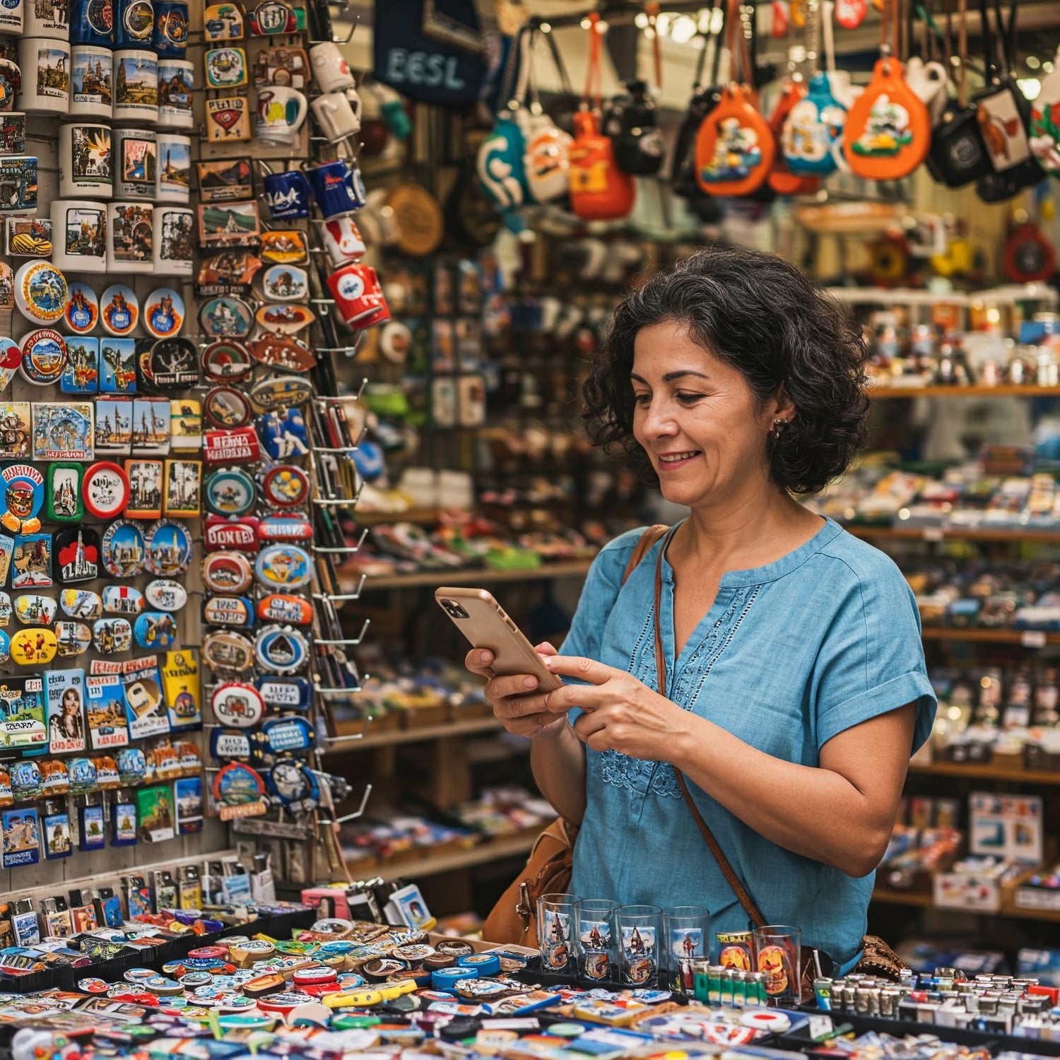 a woman in a souvenir shop on her phone searching for Belsuv