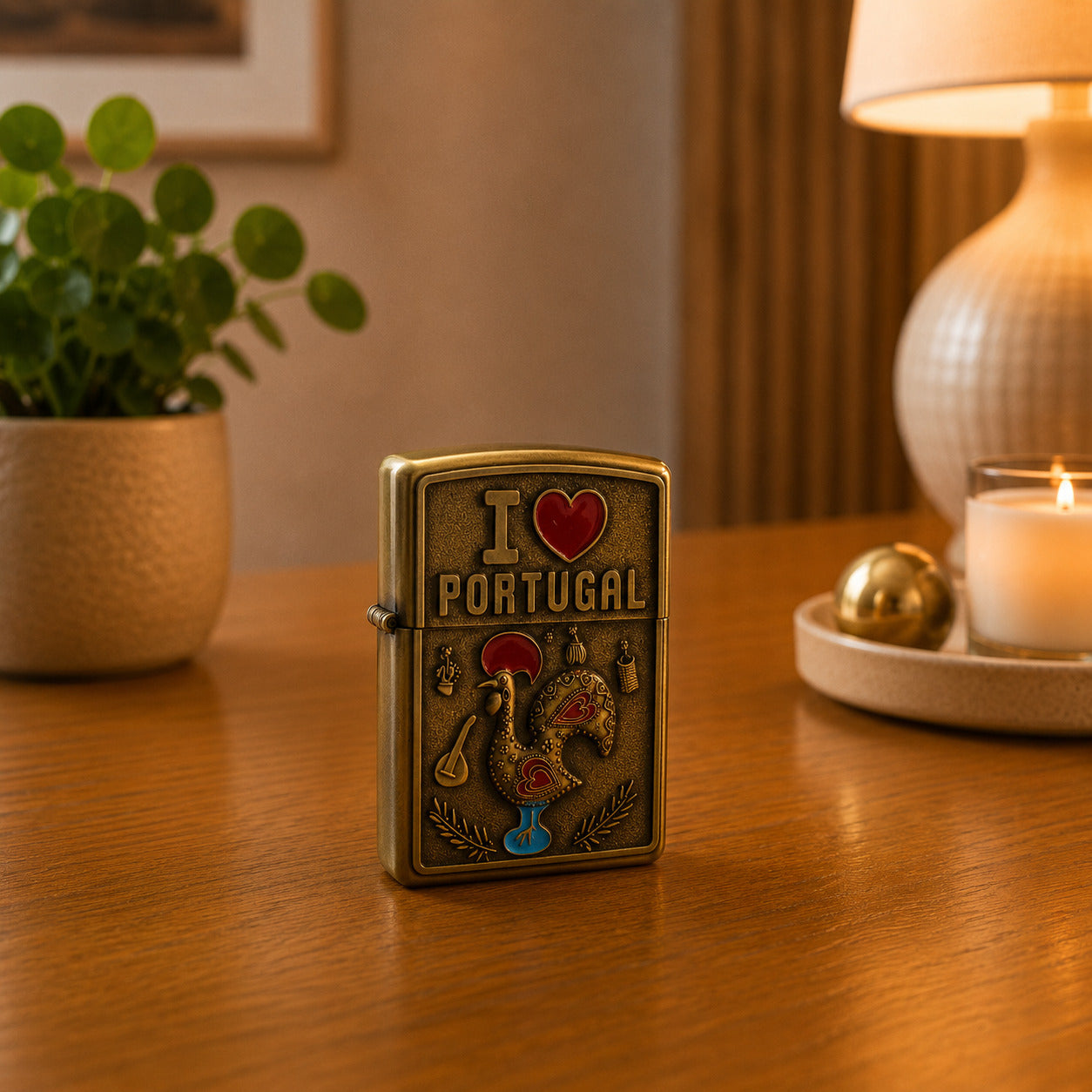 Portugal souvenir lighter featuring the traditional Barcelos Rooster, I Love Portugal inscription, and colourful decorative details.