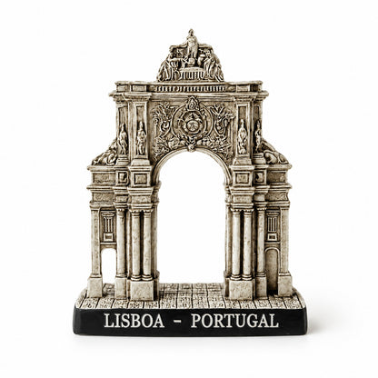 Front view of a Lisbon Arco da Rua Augusta monument souvenir, highlighting the ornate sculptures, columns, and decorative elements of this historic Portuguese landmark.