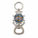 A silver keychain bottle opener, shaped like a ship's wheel and anchor, features a blue and yellow mosaic design with "Lisboa" in the center. This charming souvenir is perfect for any Lisbon enthusiast.