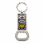 A metal keychain featuring a bottle opener at the bottom and a rectangular enamel tile at the top with a depiction of a Lisbon tram. The word "Lisboa" is written above the tram, surrounded by a decorative blue and yellow border, capturing the charm of Portugal.