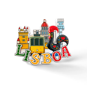 Illustration of Lisboa, featuring colorful letters spelling "LISBOA" at the bottom. Iconic elements include a traditional yellow tram, a large red-roofed tower, and the famous Barcelos Rooster, making it a perfect Portugal souvenir.
