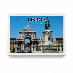 Front view of Lisbon playing cards souvenir box showing Praça do Comércio, Rua Augusta Arch, and the equestrian statue of King José I in Lisbon.