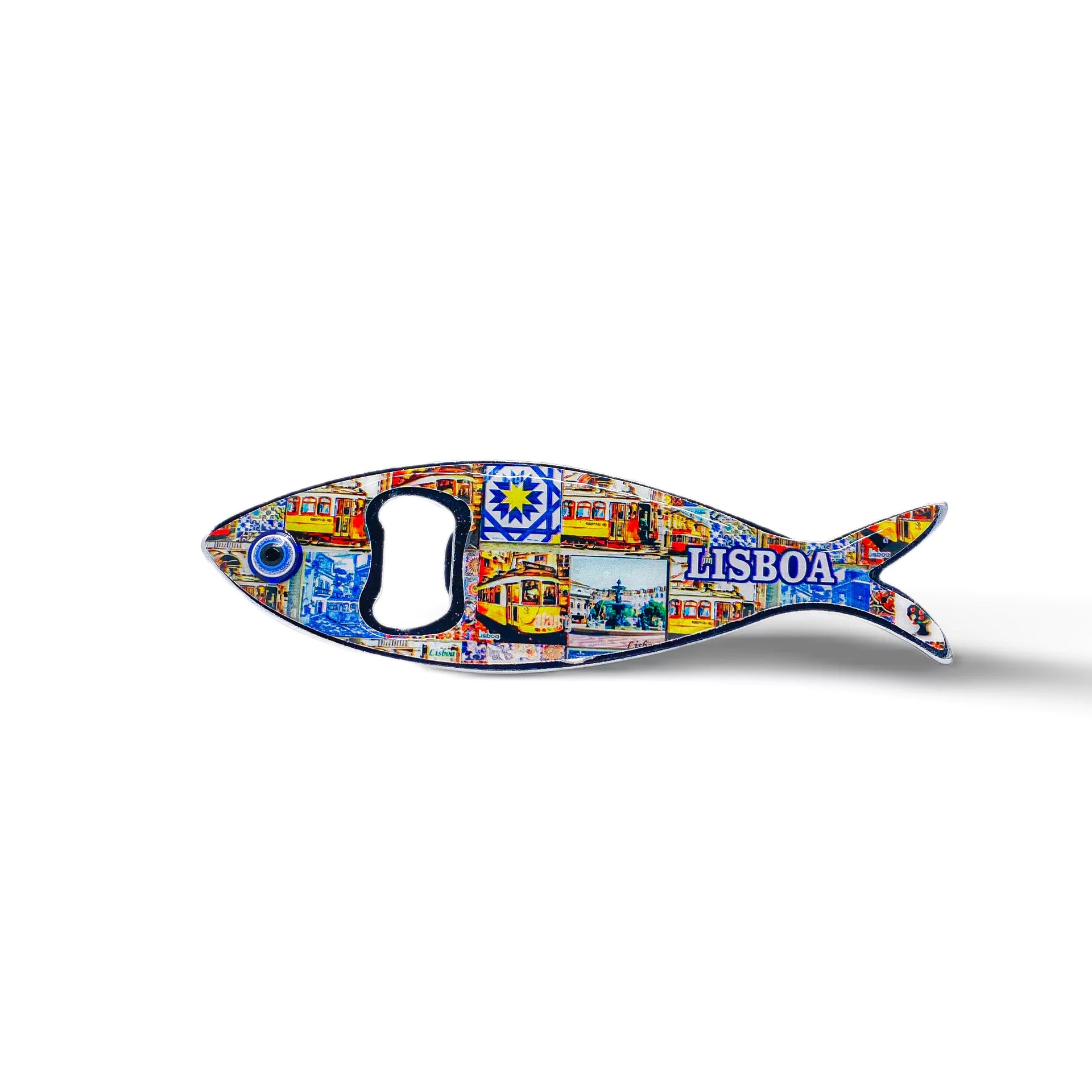 This sardine-shaped metal bottle opener is embellished with colorful, detailed artwork, featuring a well-known Lisbon building and the inscription "Lisboa." The opener hole is located at the fish's eye, adding to the charm of this Portuguese keepsake.