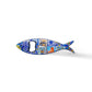 Shaped like a sardine, this metal bottle opener is adorned with vibrant, intricate details, highlighting a landmark building and the text "Lisboa." The opener hole is located where the fish’s eye would be, making this a charming memento from Portugal.