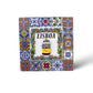 A colorful decorative tile with intricate patterns in blue, yellow, and green surrounds a central image of a yellow tram and the word "LISBOA" above it. This stunning souvenir captures the essence of Portugal, reminiscent of traditional Portuguese azulejos.