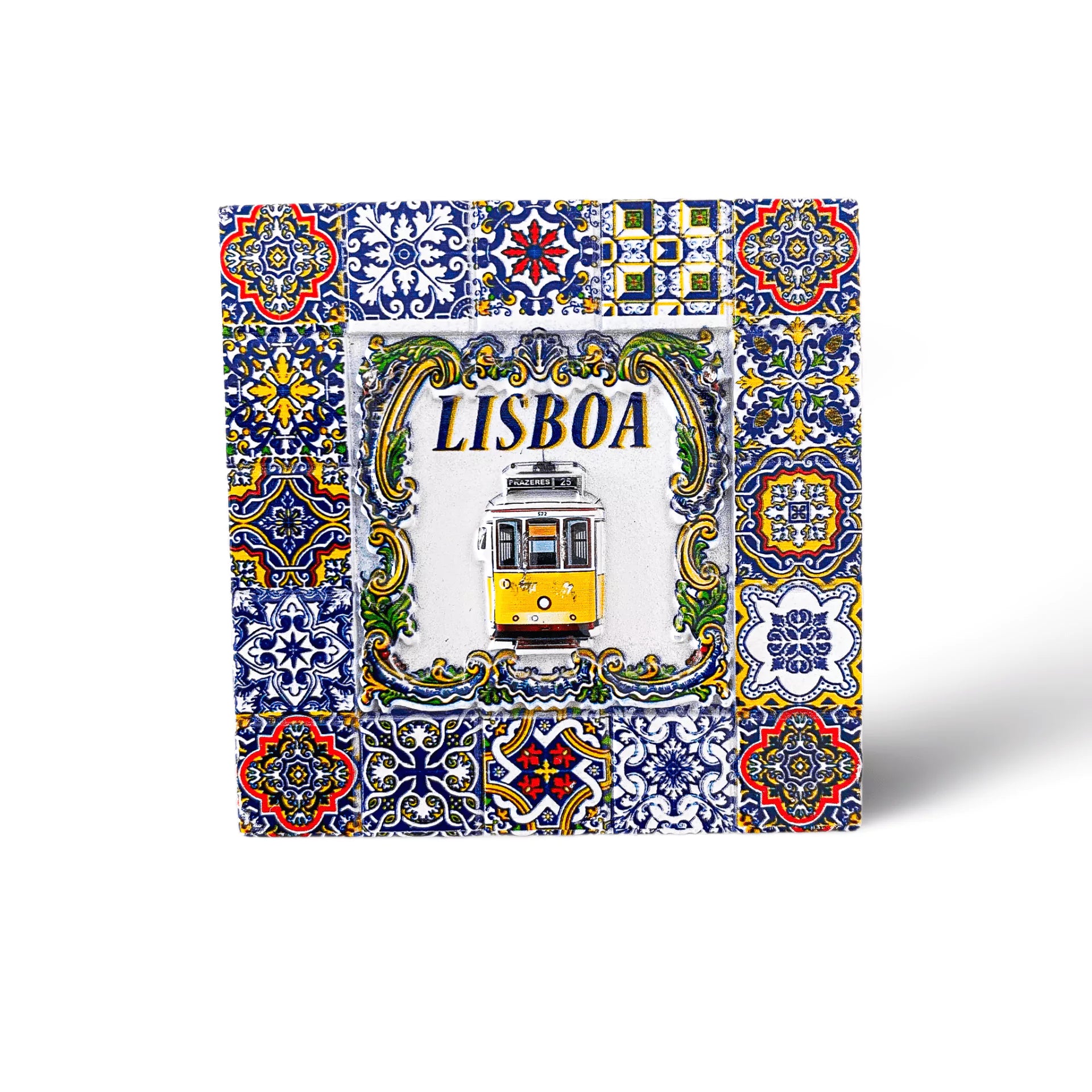 A colorful decorative tile with intricate patterns in blue, yellow, and green surrounds a central image of a yellow tram and the word "LISBOA" above it. This stunning souvenir captures the essence of Portugal, reminiscent of traditional Portuguese azulejos.